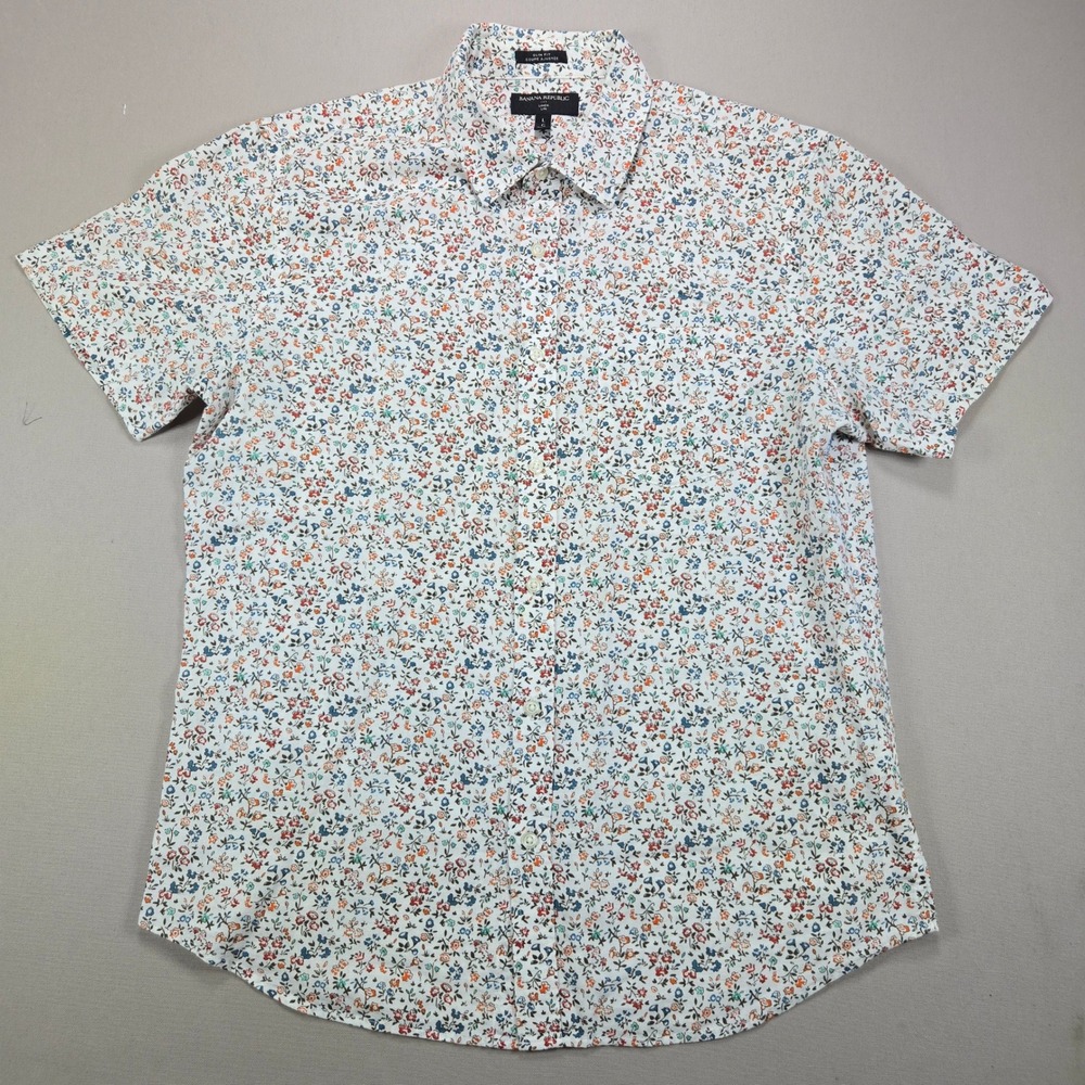 Banana Republic Button Up Shirt Floral Slim Fit Linen Cotton White Mens Large L